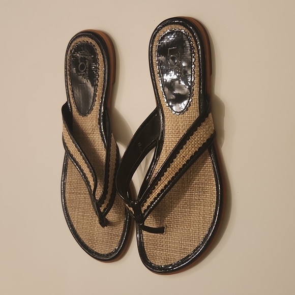 Ann Taylor LOFT flip flips, size 7 B, black and tan woven material - Picture 7 of 8